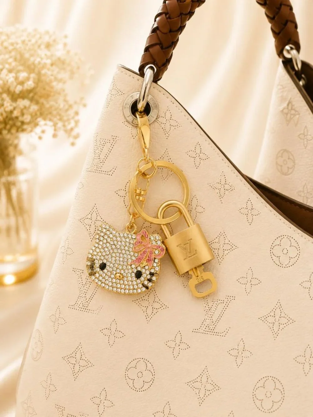 Louis Vuitton Authentic Gold Padlock 🔑 Key + Stylish Unbranded Cat Charm